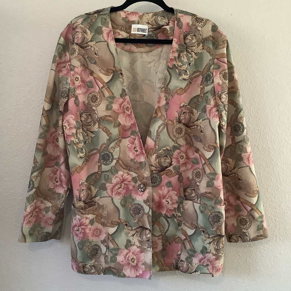 Vintage Equestrian Blazer Size 16 Floral Maximalist Old Money Lightweight 90s